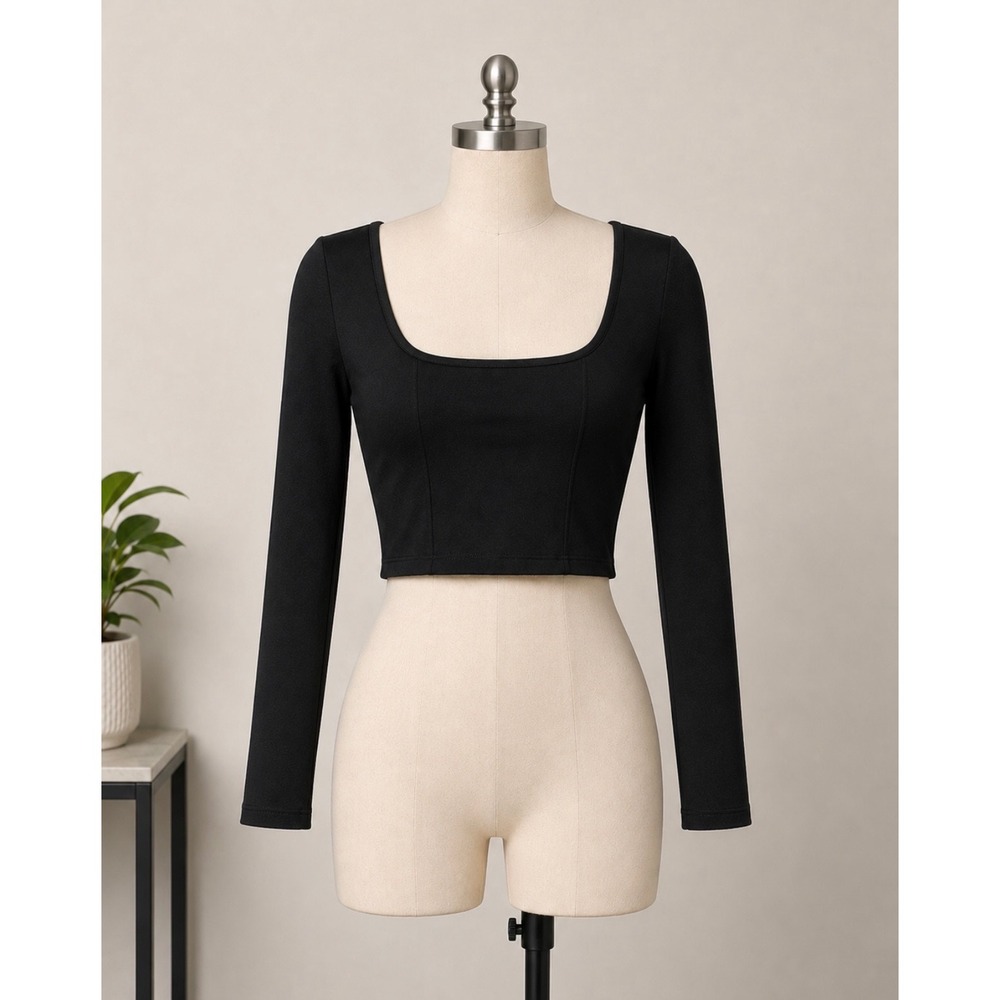 Forever 21 Cropped Long Sleeve Top Medium Black New Square Neck Seam Detail